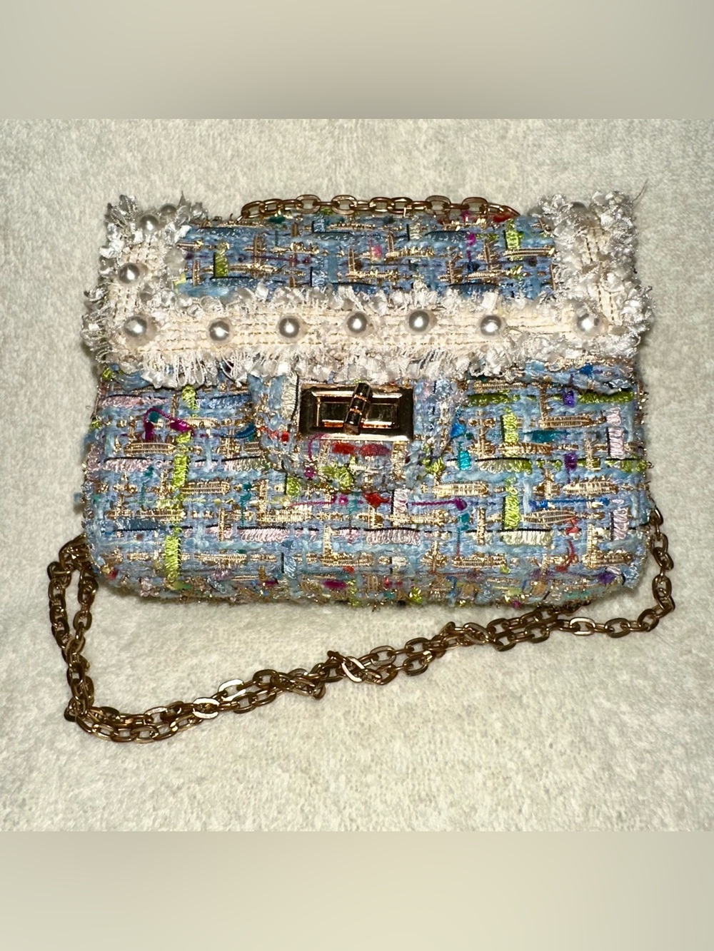 Tiny Treats Zomi Gems Blue Tweed Mini Crossbody Purse Bag Pearls 7x5